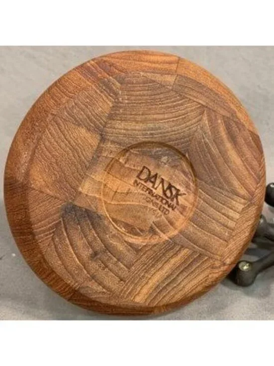 Vintage Dansk Staved Teak Candle Holder with Brass Insert - Picture 3 of 3